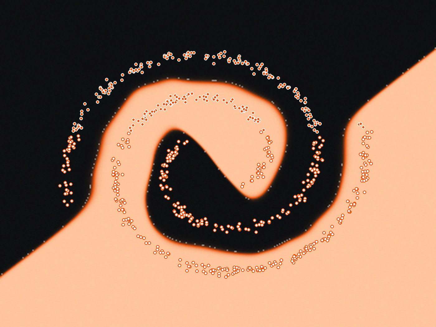 Campo de decisión de una red neuronal entrenada en el laboratorio: dos espirales entrelazadas de puntos, una naranja y otra blanca, separadas por una frontera curva.